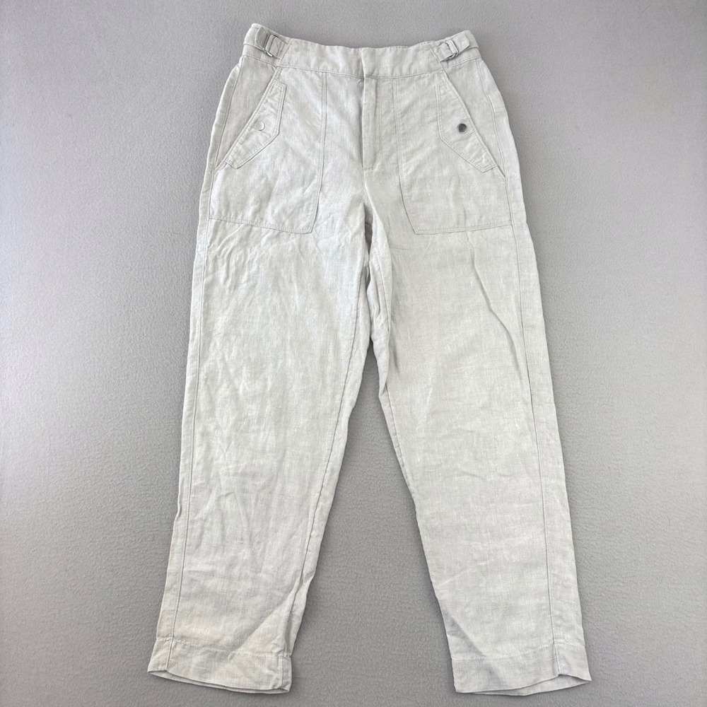 Athleta Linen Utility Pants Womens 4 Beige Casual Straight Leg Side Adjusters